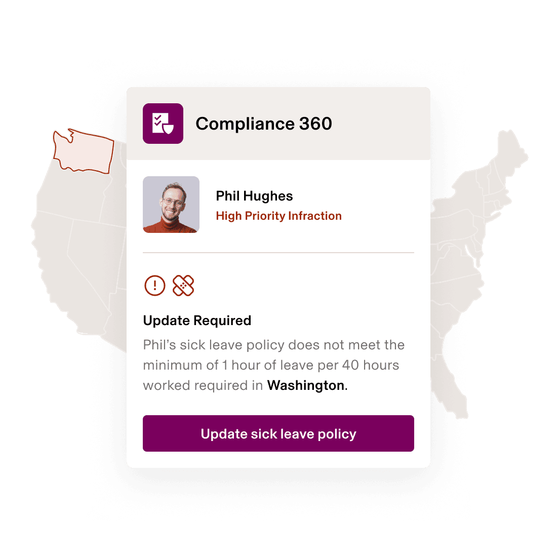 Screenshot of a sick leave policy alert in Rippling's Compliance 360 product