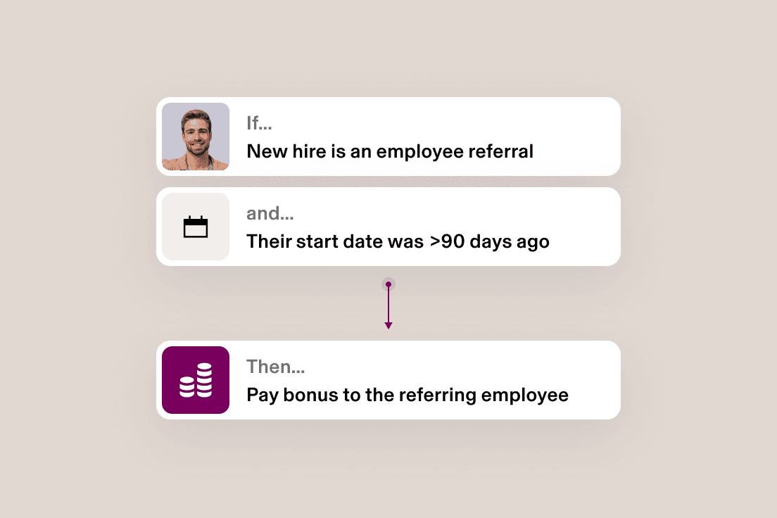 Flowchart showing employee referral bonus process: if new recruit is a referral and stays 90+ days, then pay bonus to referring employee.