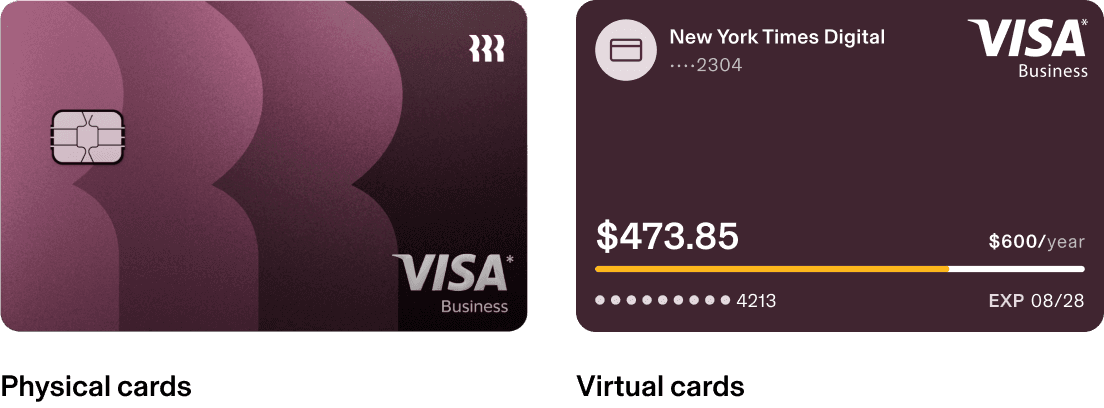Two business credit cards shown side by side - a purple Rippling physical card and a digital New York Times Visa card displaying $473.85.
