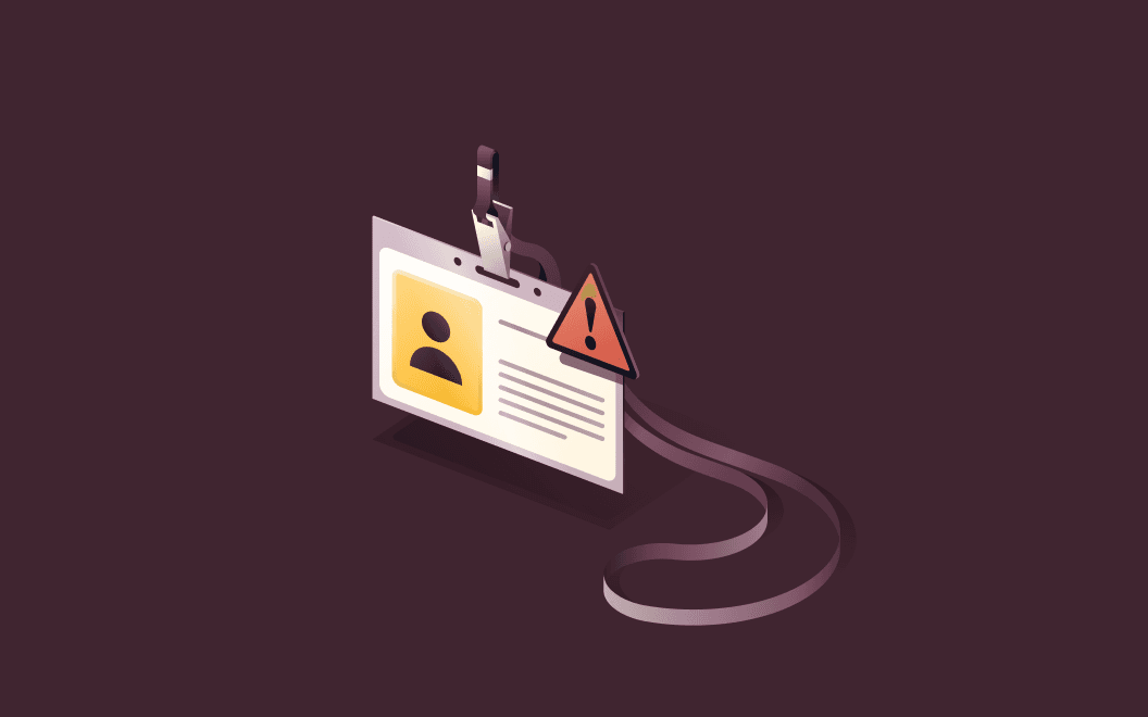 Graphic illustration of an employee name badge with a warning sign overlaid