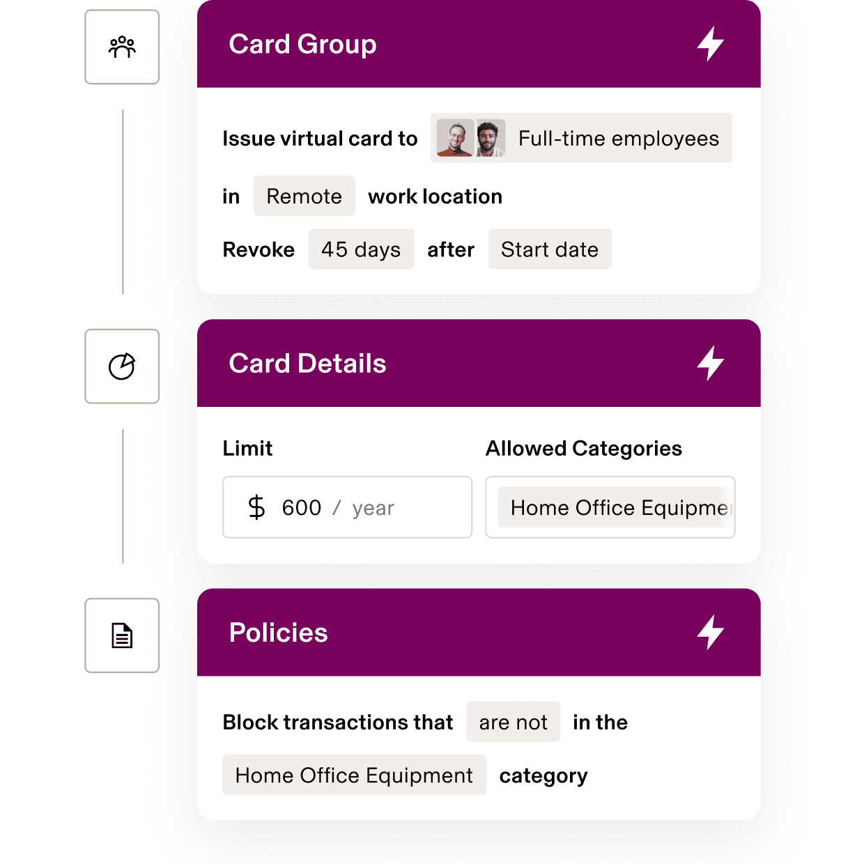 Virtual card management interface showing settings for remote employees with $600/year limit for home office equipment purchases.