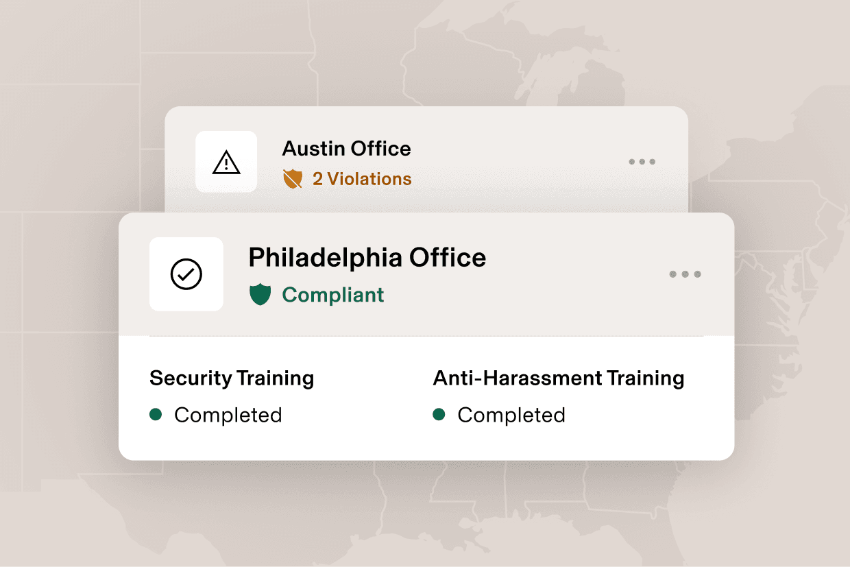 Graphic illustration of a card that says Orlando, FL with "2 violations" and a card that says Los Angeles, CA and "Compliant", for training completed—all overlaid on a map of the united states