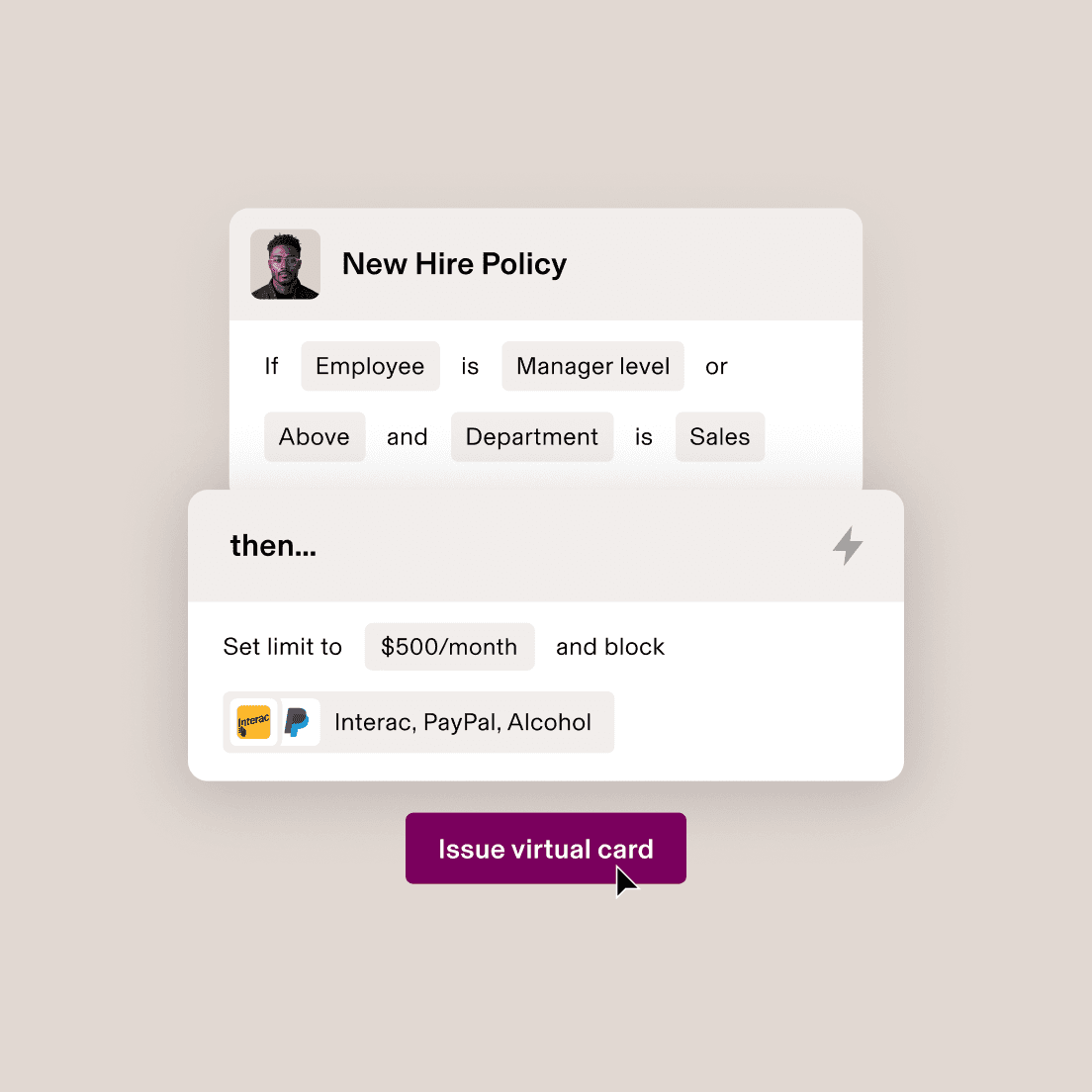 Screenshot of a section in Rippling titled New Hire Policy with automatic rules and limits for issuing virtual cards