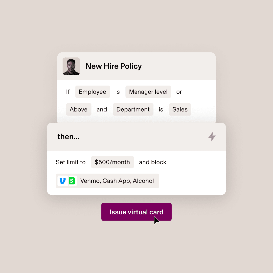 Screenshot of a section in Rippling titled New Hire Policy with automatic rules and limits for issuing virtual cards