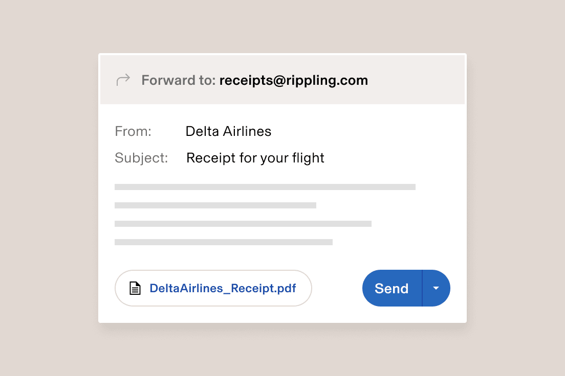 E-Mail-Oberfläche, die einen Beleg zu einem Delta Airlines-Flug mit angehängter PDF-Datei zur Weiterleitung an receipts@rippling.com zeigt.