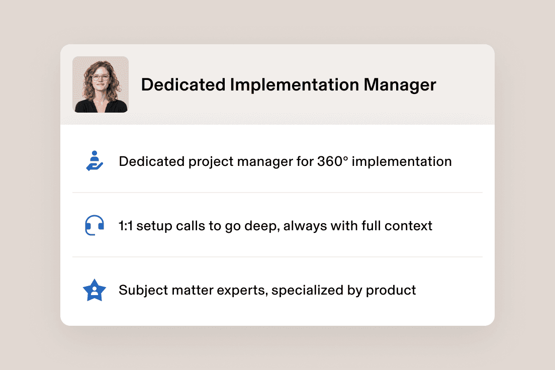 Photograph of a dedicated implementation manager with details on personalized onboarding, expert setup, and project management