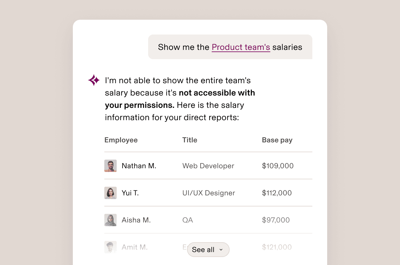 Illustration of an interface in Rippling showing the permission set for a group of employees with lists titled "Can access," "Can view," and "Can request"