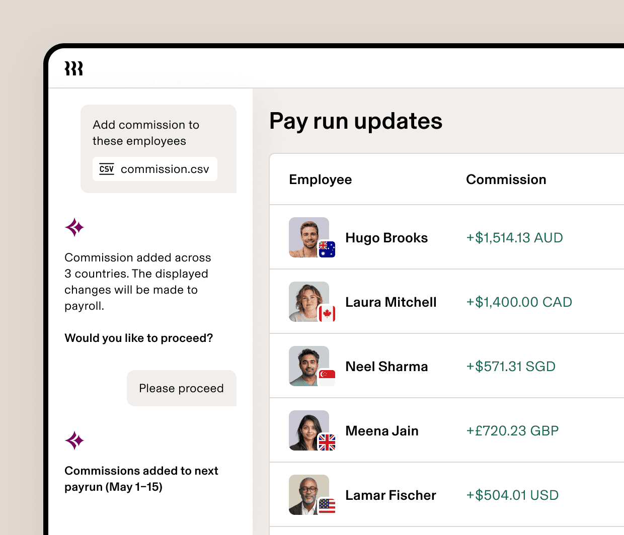 Payrun updates dashboard showing employee commission amounts in USD, CAD, and GBP currencies added via CSV upload.