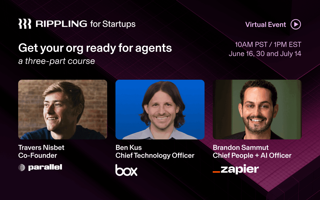 Promotional asset for startups marketing's agentic org webinar. features three headshots of speakers: travers nisbet, co-founder at parallel, ben kus, cto at box, and brandon sammut, chief people and ai transformation officer at zapier