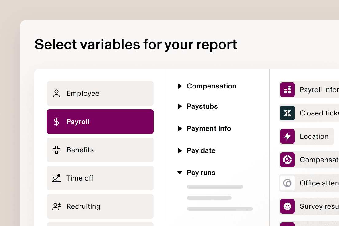 A screen in Rippling that says select variables for your report with a list of menu items including Employee, Payroll, Benefits, Time off and Recruiting