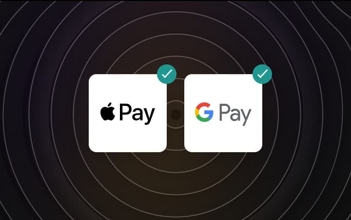 Graphic illustration showing Apple Pay and Google Pay logos with checkmarks