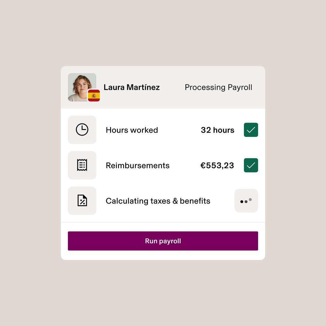 Payroll processing interface showing employee details, 32 hours worked, €553.23 in reimbursements and tax calculation in progress.