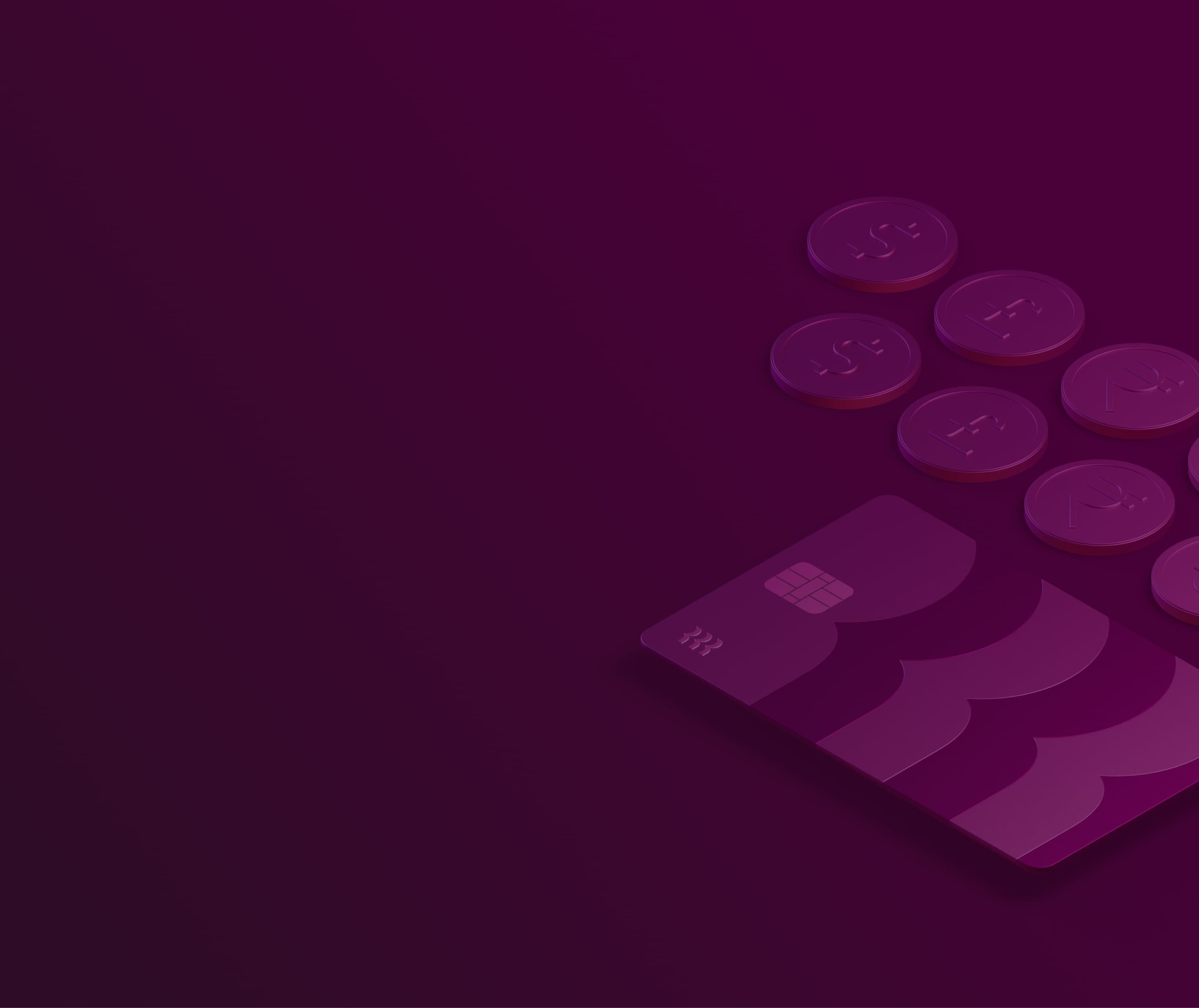 Purple-toned illustration of a credit card with a chip and floating coins with currency symbols on a dark background.