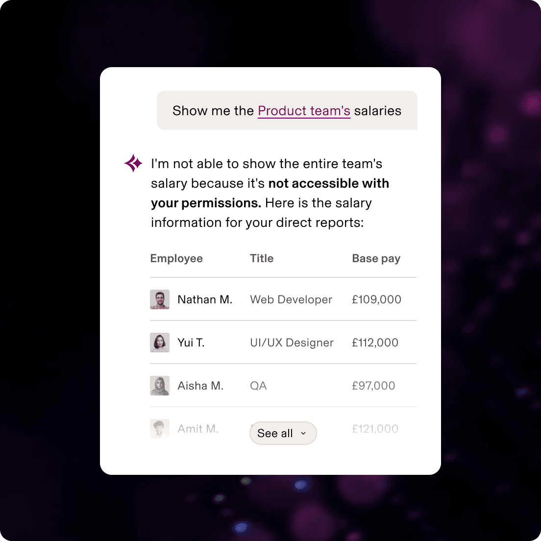 Interface showing limited access to Product team salaries, displaying only direct reports with their roles and base pay