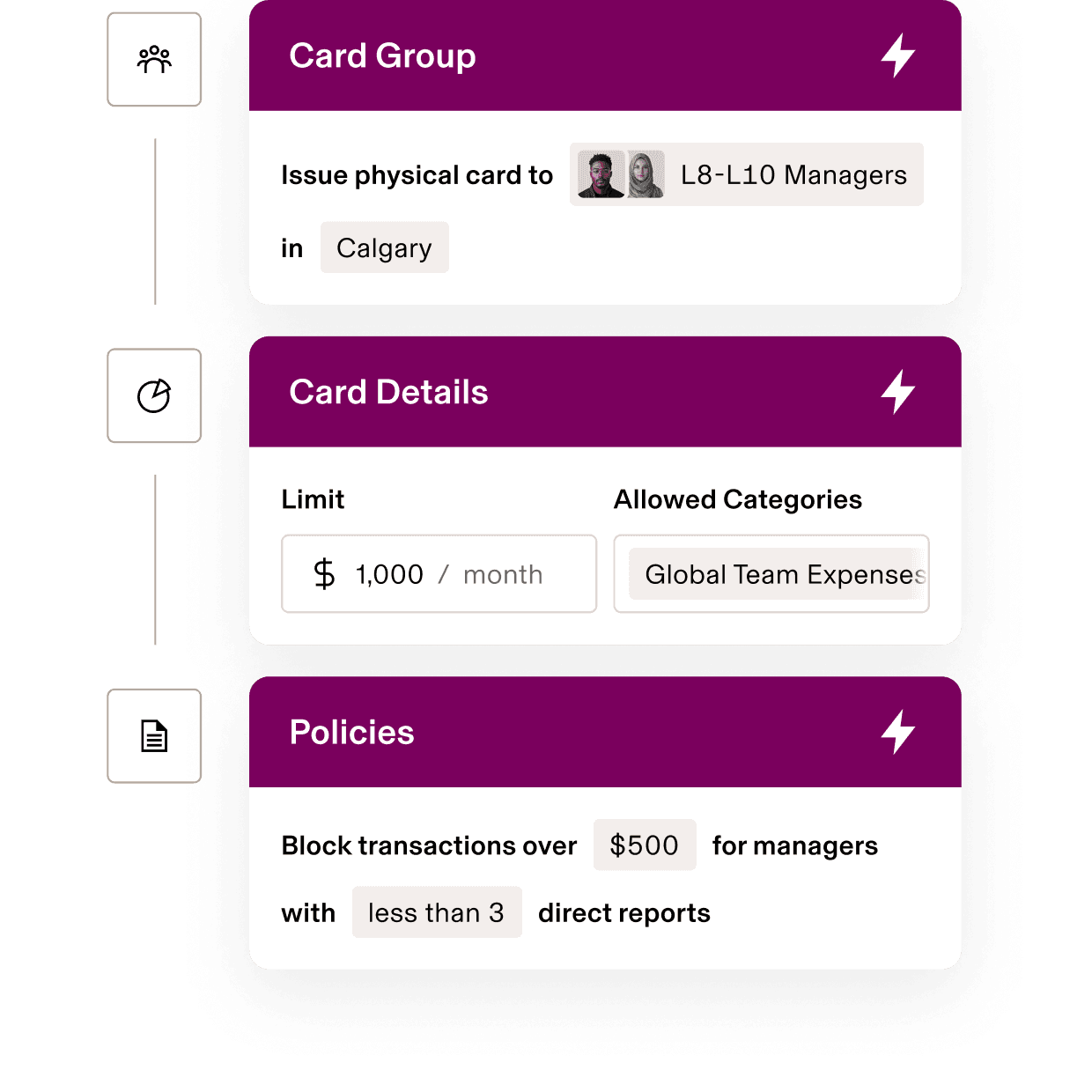 Corporate card management interface showing settings for L8-L10 managers in Chicago with $1,000 monthly limit for team expenses.