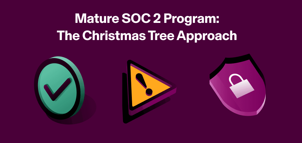 Three 3D icons representing SOC 2 program health statuses: a green checkmark for Pass, an orange warning triangle for Exception, and a purple security shield for Improving, illustrating the Christmas tree approach to mature compliance dashboards.
