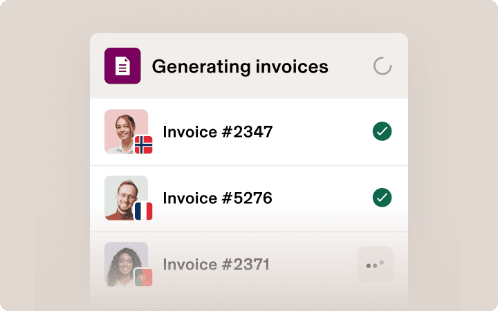 Mobile app interface showing invoice generation with three customer entries from Norway, France and Portugal with completion status.