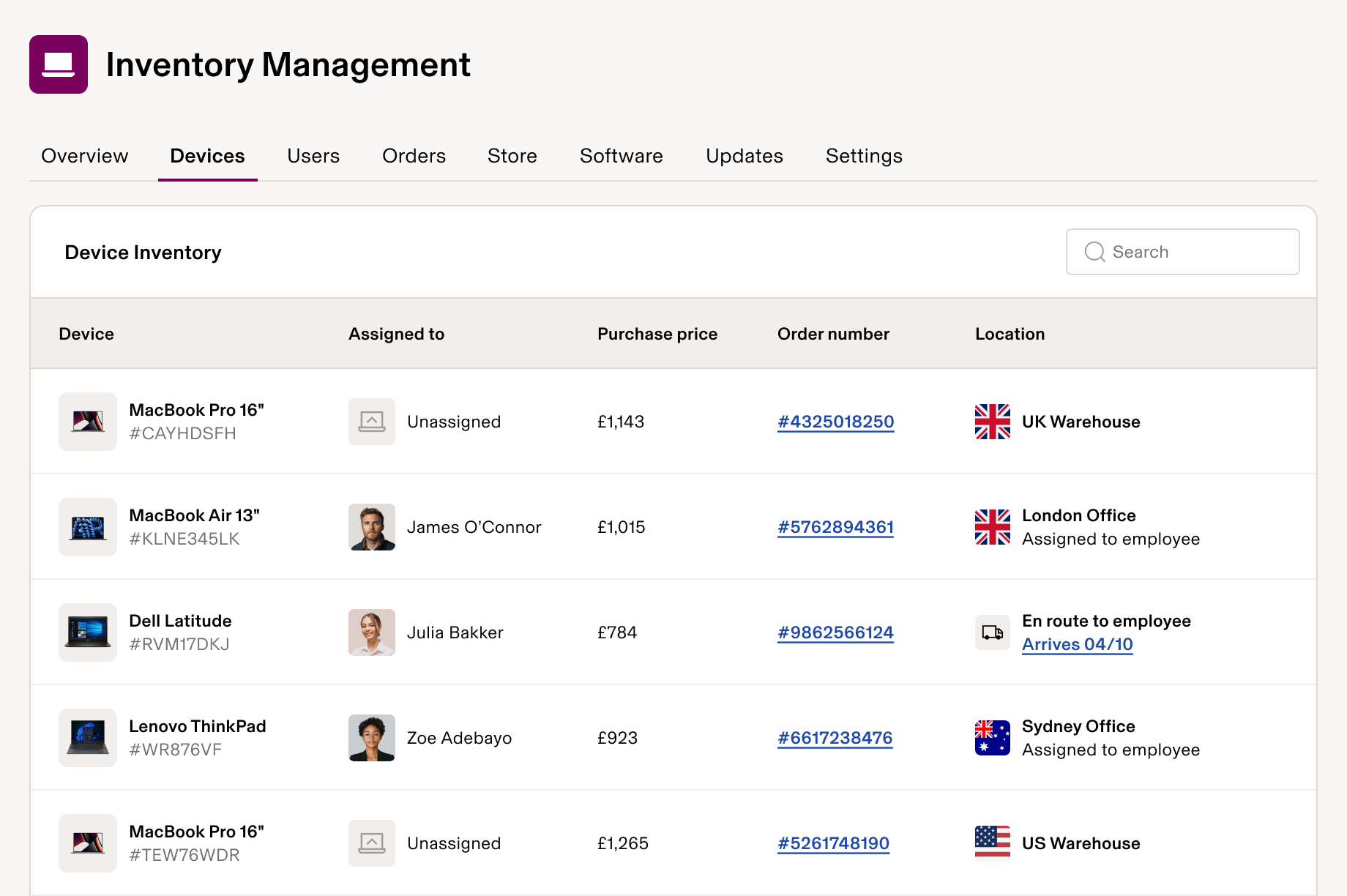 Inventory management interface showing device tracking with laptops assigned to employees across different office locations and warehouses.