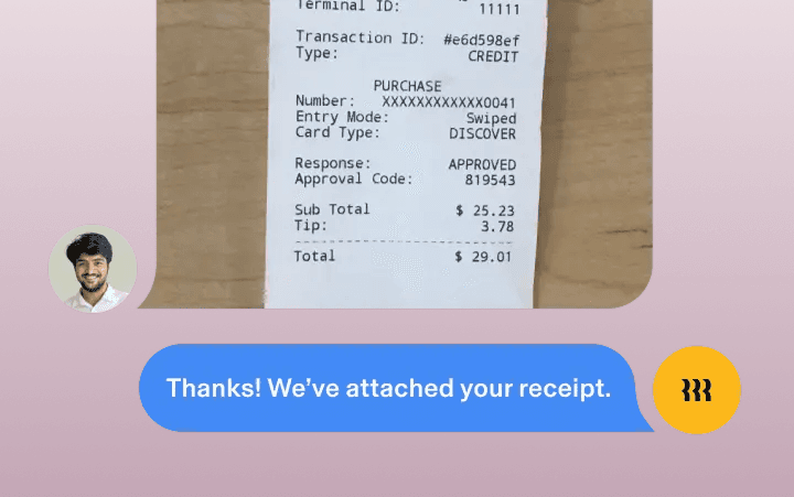 Screenshot of an employee sharing a receipt in Rippling with a message that says Thanks! We've attached your receipt