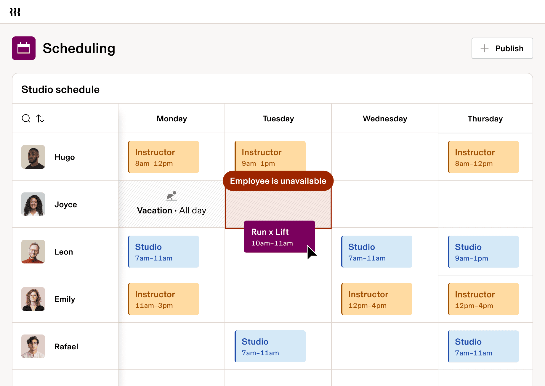 Studio scheduling interface showing weekly timetable for instructors with classes, availability status, and a Run x Lift session highlighted.