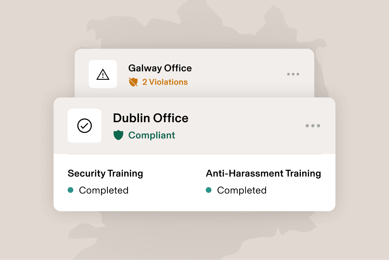 Graphic illustration of a card that says Orlando, FL with "2 violations" and a card that says Los Angeles, CA and "Compliant", for training completed