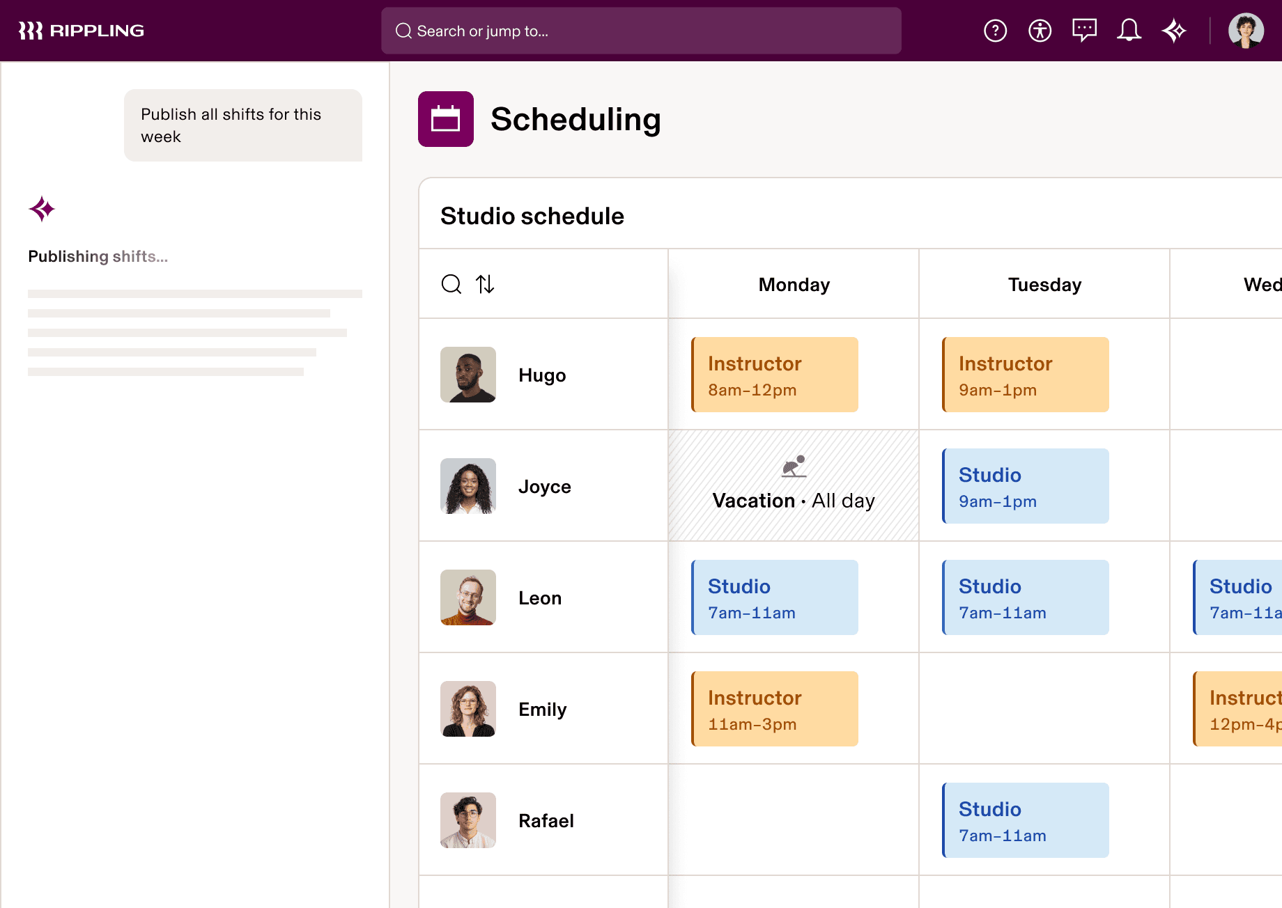 Screenshot of a staff scheduling dashboard in Rippling showing weekly studio shift assignments, employee availability, and an automated workflow publishing all shifts for the week