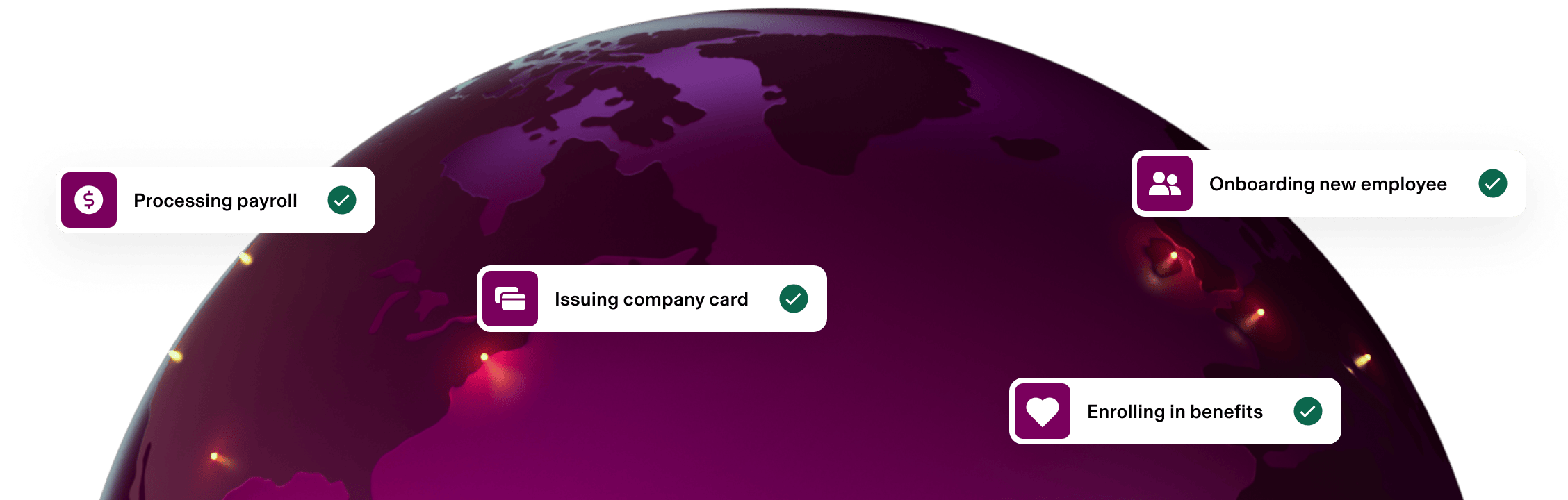 Globe with HR and Payroll process labels including processing payroll, Issuing corporate card, Enrolling in benefits, and onboarding new hire.