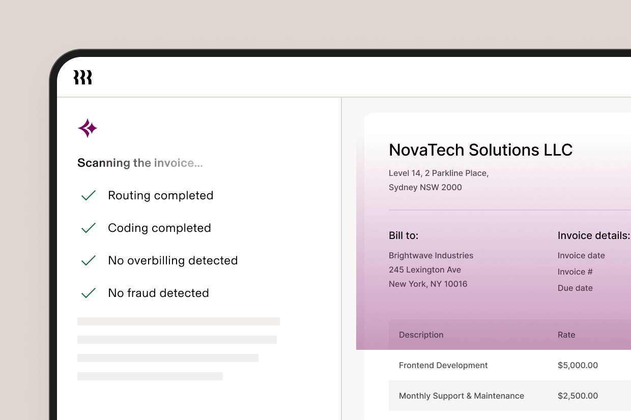 Screenshot of an invoice processing interface in Rippling showing automated checks completed—such as routing, coding, fraud detection, and overbilling review—alongside a sample invoice document