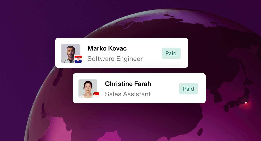 User profile cards showing two paid team members with their job titles and country flags against a 3D globe background.