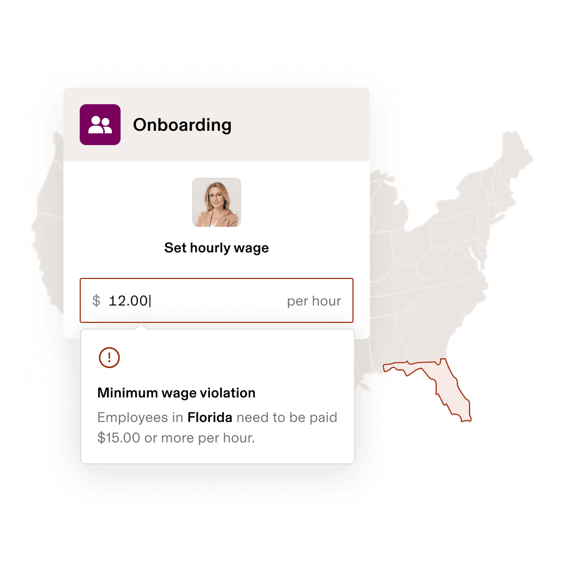 Screenshot of a minimum wage setting with a compliance warning in Rippling