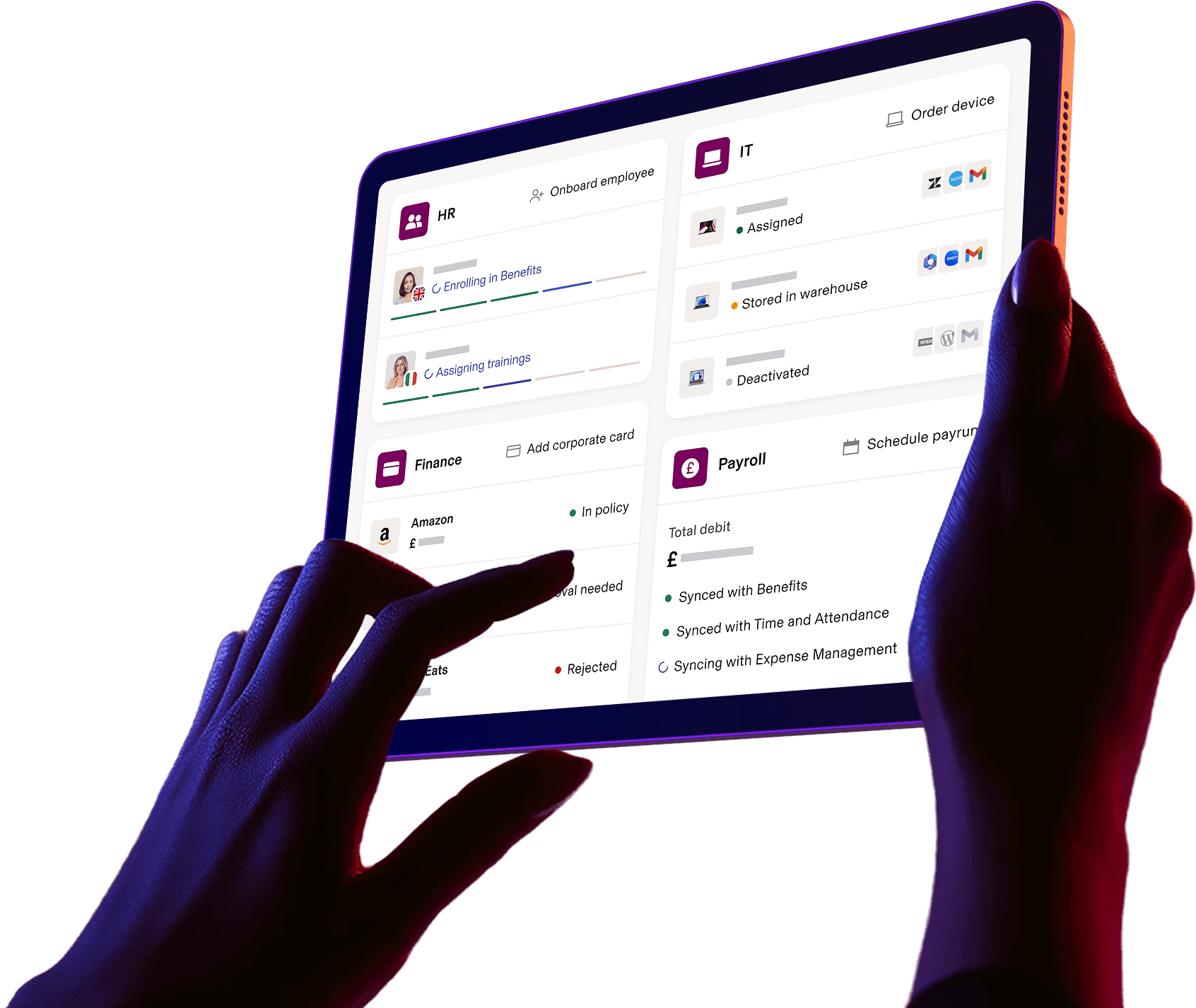 Photograph of a pair of hands holding a tablet displaying a Rippling dashboard with sections for the HR, IT, Finance and Payroll apps
