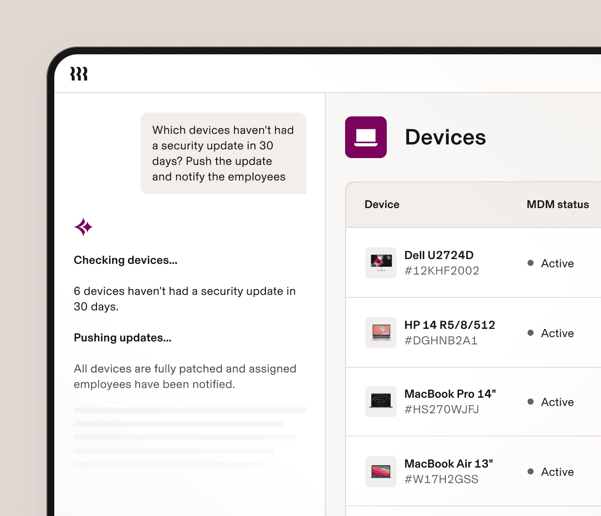 Screenshot of a device management dashboard in Rippling showing pending security updates across company laptops, with an automated workflow checking devices, pushing updates, and notifying employees