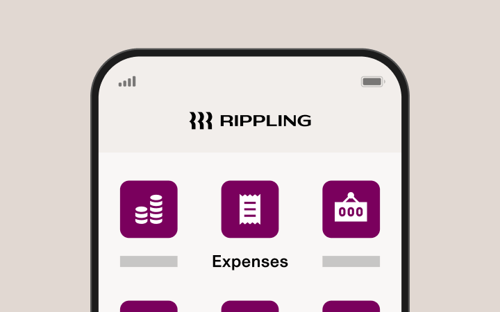 Smartphone mit der Benutzeroberfläche der Rippling-App mit lila Symbolen und aktiviertem Bereich zu Ausgaben vor einem hellgrauen Hintergrund.