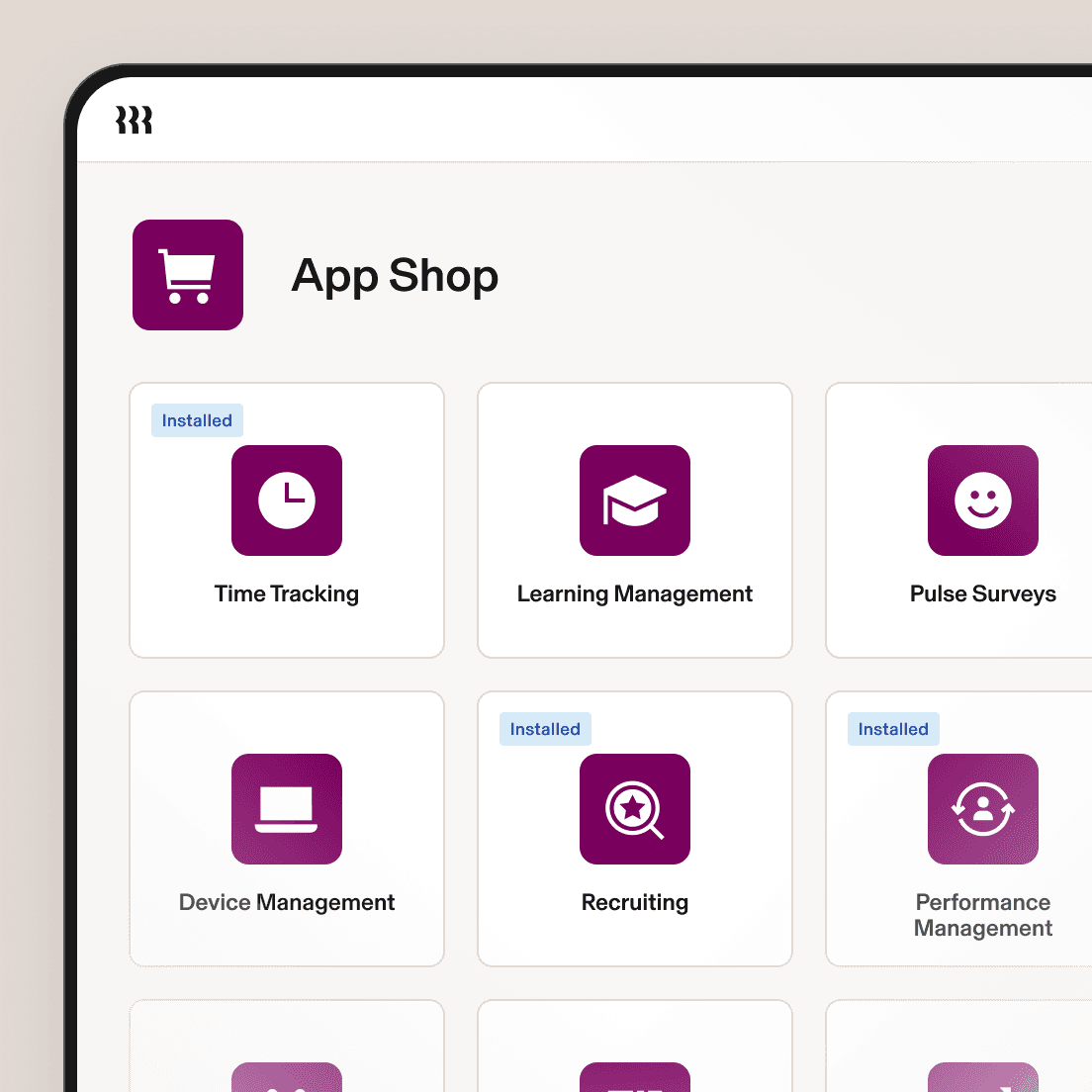 App Shop interface showing HR applications including Time Tracking, Learning Management and Recruiting with purple icons.