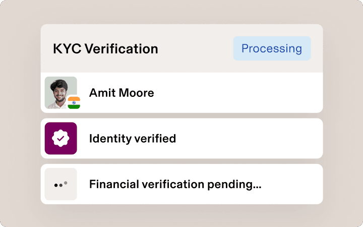 KYC verification interface showing processing status, identity verified and financial verification pending for an employee from India.