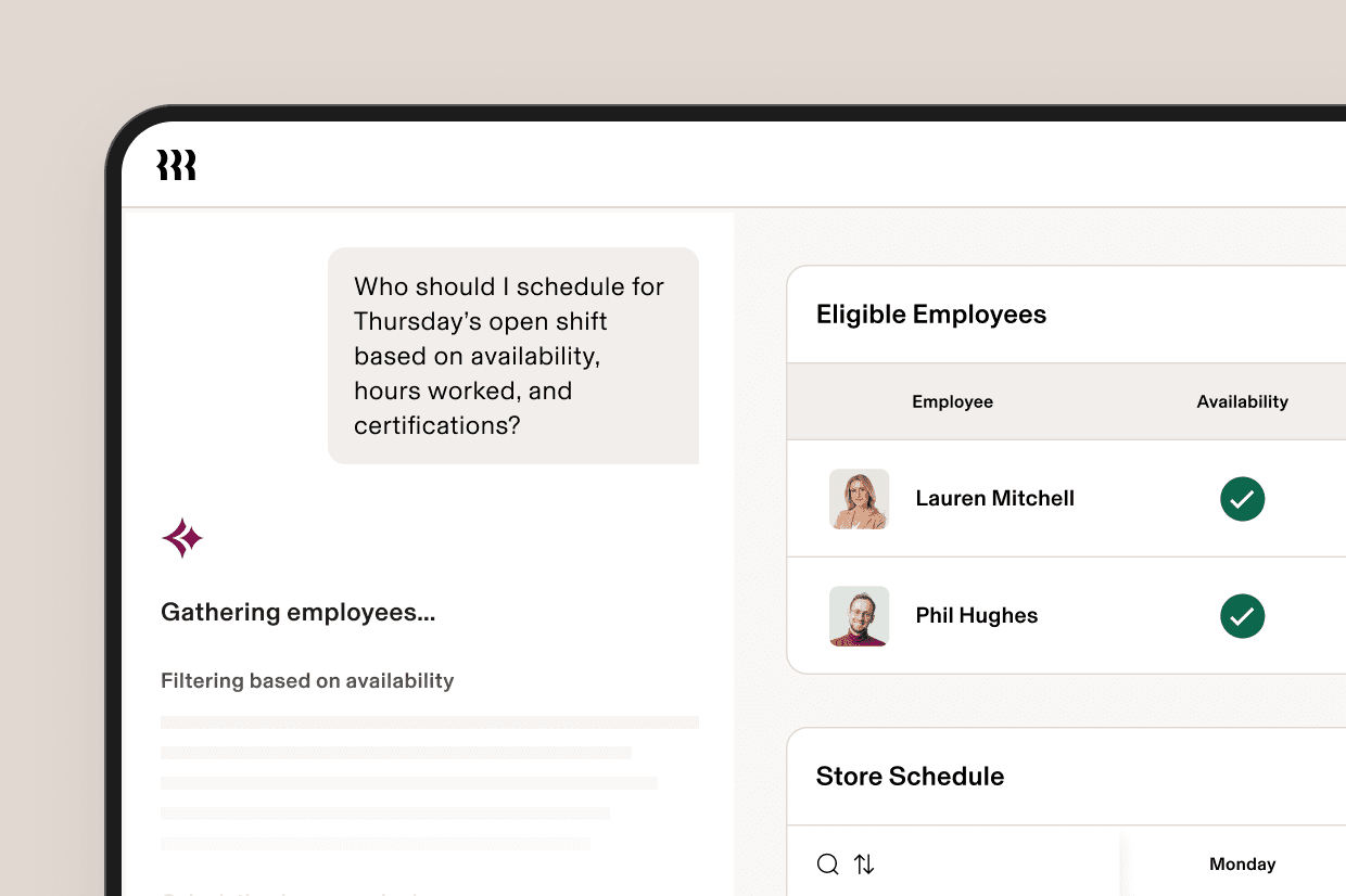 Screenshot of a workforce scheduling interface in Rippling showing AI-assisted employee selection for an open shift based on availability, hours worked, and certifications