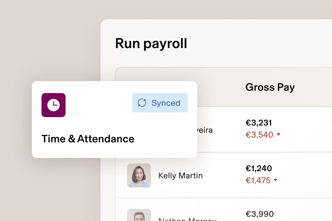 Payroll management interface showing "Run payroll" screen with Time & Attendance module, synced status, and employee gross pay amounts.