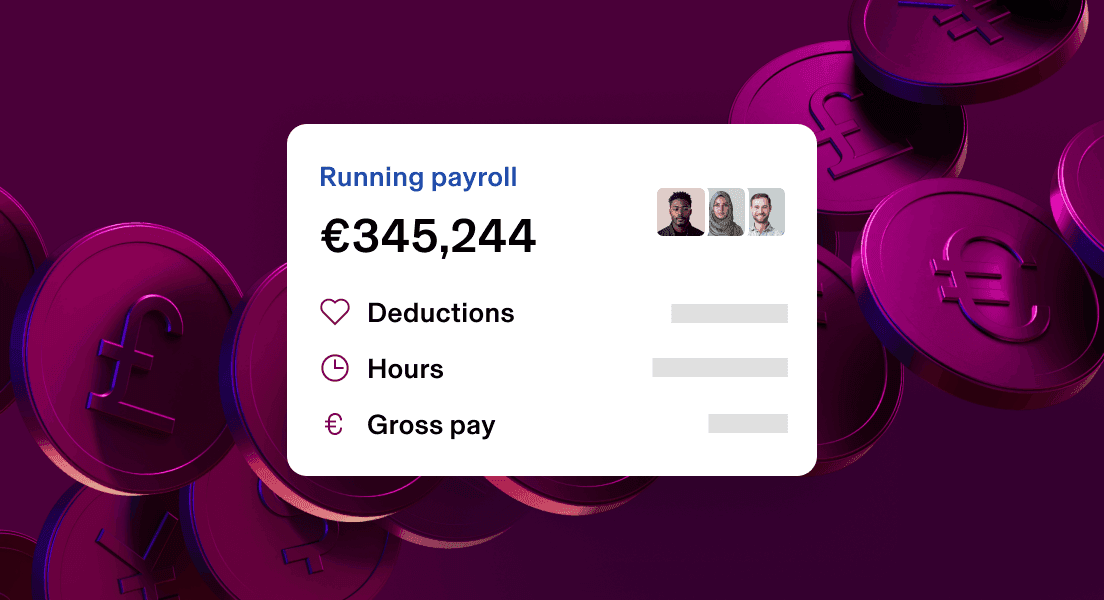 Payroll dashboard showing $345,244 running total with deductions, hours, and gross pay options against a dark purple background.