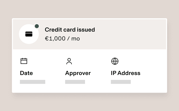 Credit card notification showing $1000/month limit with icons for Date, Approver, and IP Address information.