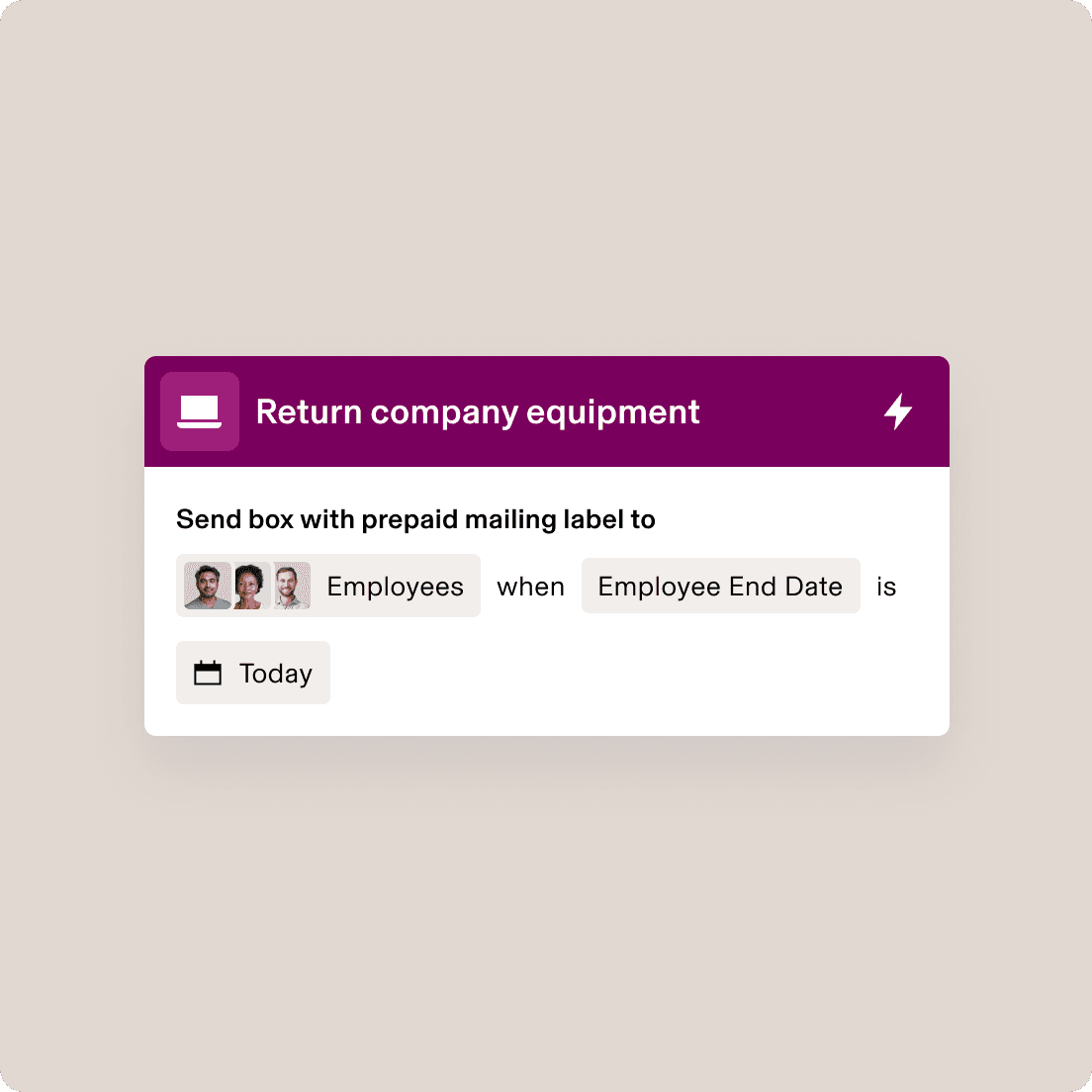 Mobile interface showing "Return company equipment" workflow with prepaid mailing label option for employees on their end date.