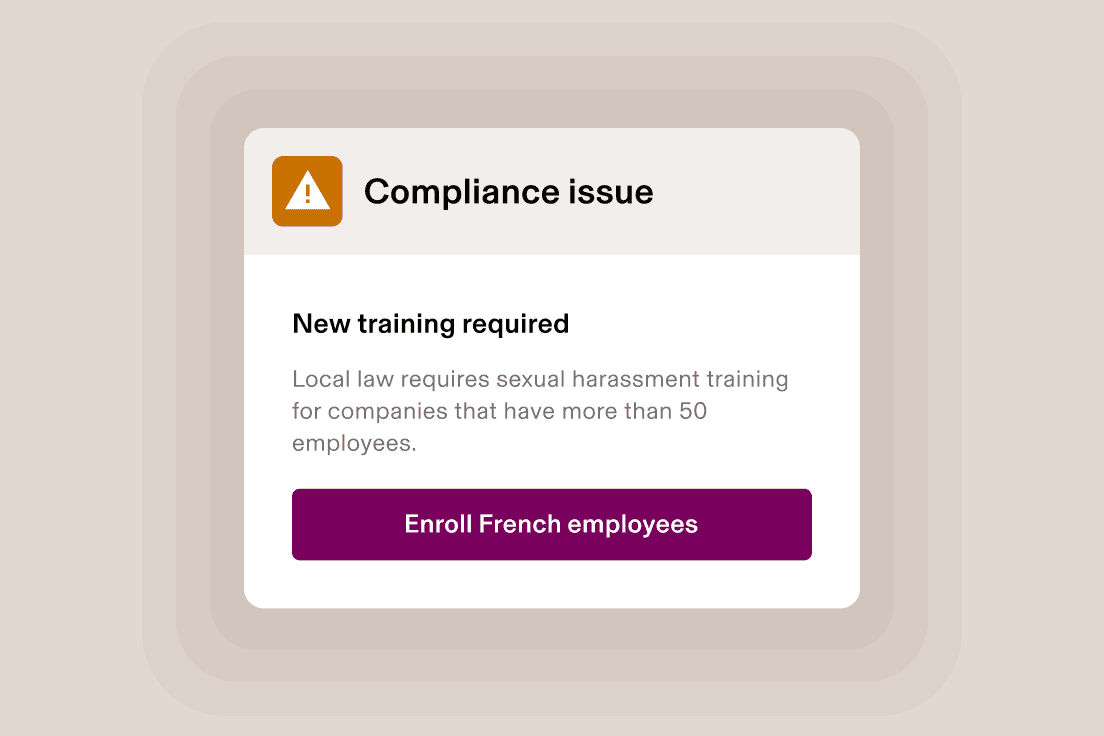 Compliance alert notification about required sexual harassment training for French employees with enrolment button.