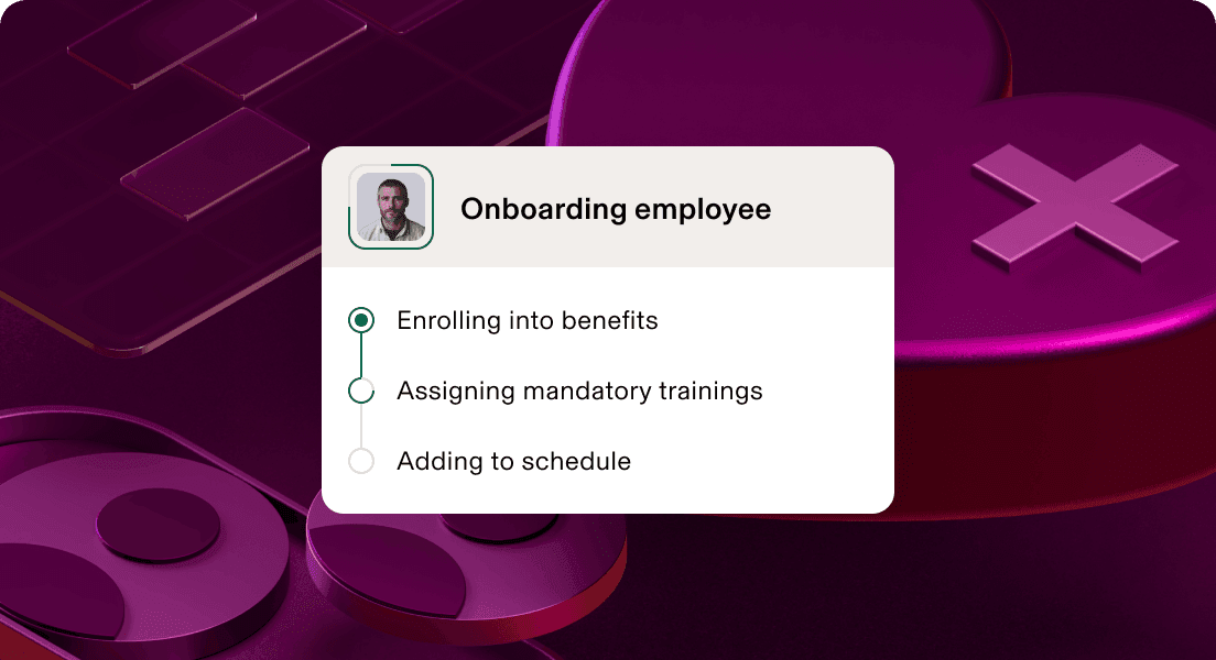 Employee onboarding interface showing benefits enrolment step completed, with training and scheduling steps pending.