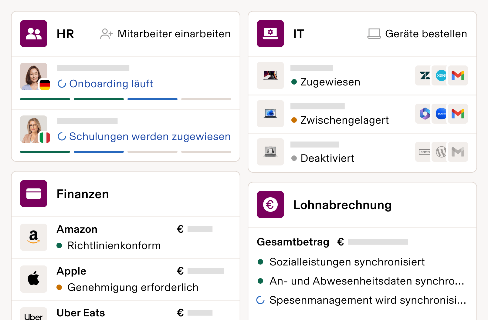 Bild der Benutzeroberfläche des Rippling-Dashboards mit Bildschirmen der Rippling-Produkte HR, IT, Ausgaben und Entgeltabrechnung