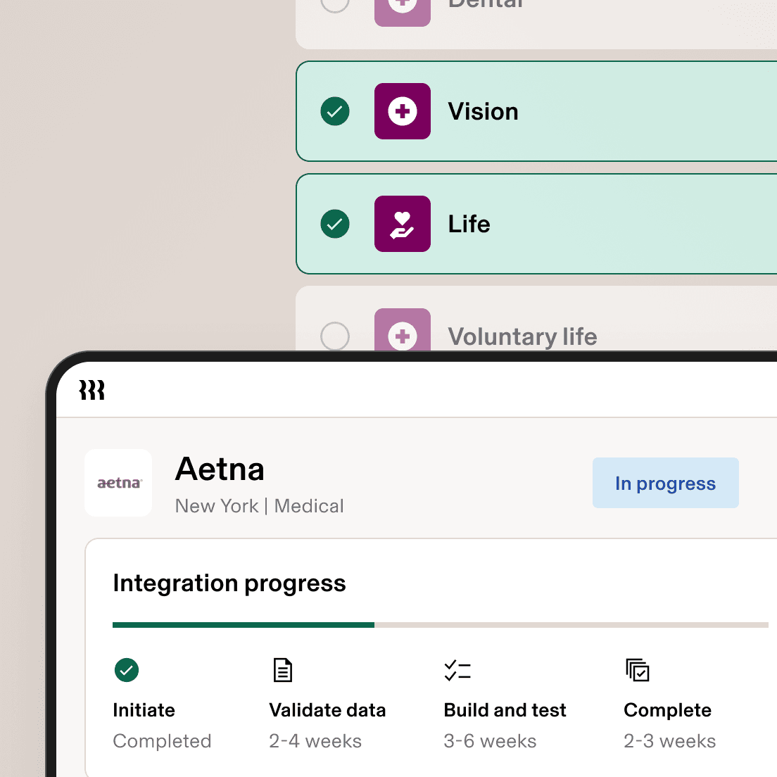 Insurance selection interface showing medical, dental, vision and life insurance options with Blue Shield integration status window.