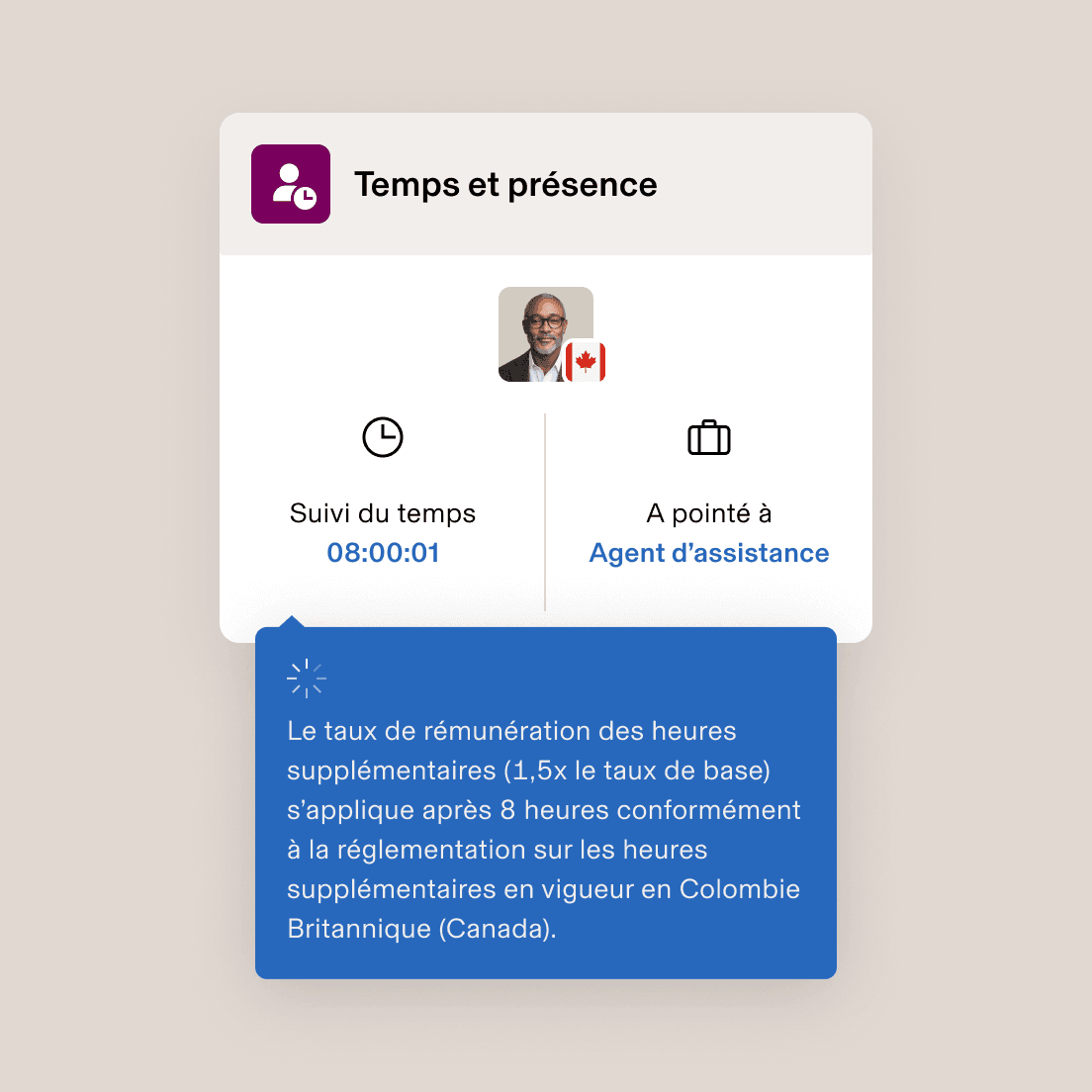 La interfaz de Tiempo y asistencia muestra un tiempo de 08:00:01 registrado para un agente de Support con una notificación de pago de horas extra para British Columbia.