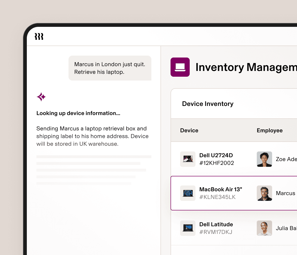 Screenshot of an inventory management dashboard in Rippling showing company devices assigned to employees, alongside an automated workflow for retrieving a laptop from a departing employee