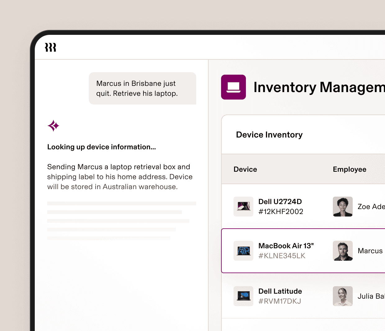 Screenshot of an inventory management dashboard in Rippling showing company devices assigned to employees, alongside an automated workflow for retrieving a laptop from a departing employee
