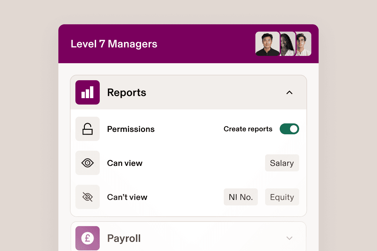 Level 7 Managers dashboard showing permissions settings with viewable salary data and restricted SSN and equity information.