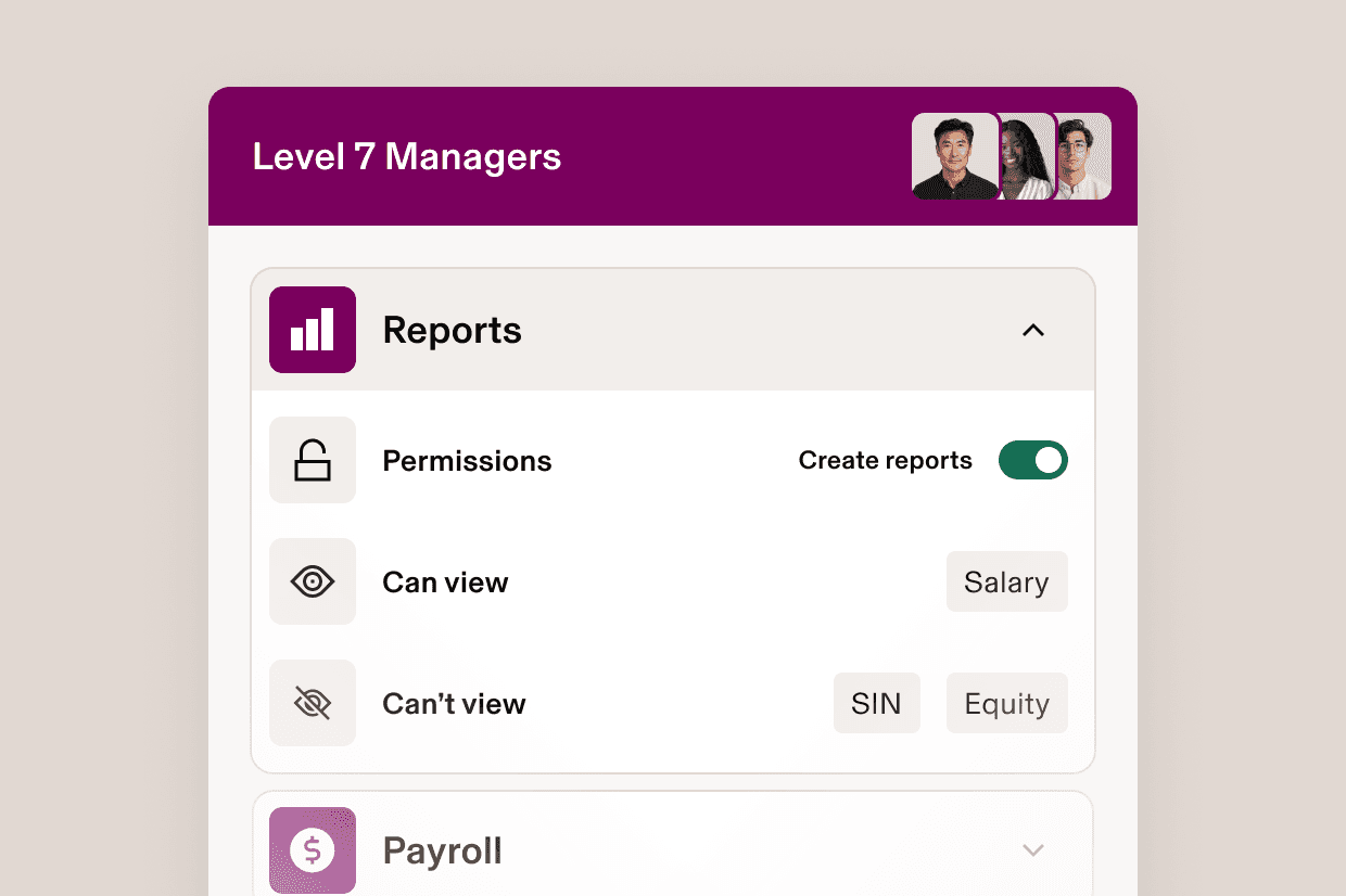 Level 7 Managers dashboard showing permissions settings with viewable salary data and restricted SSN (Social Security Number) and equity information.