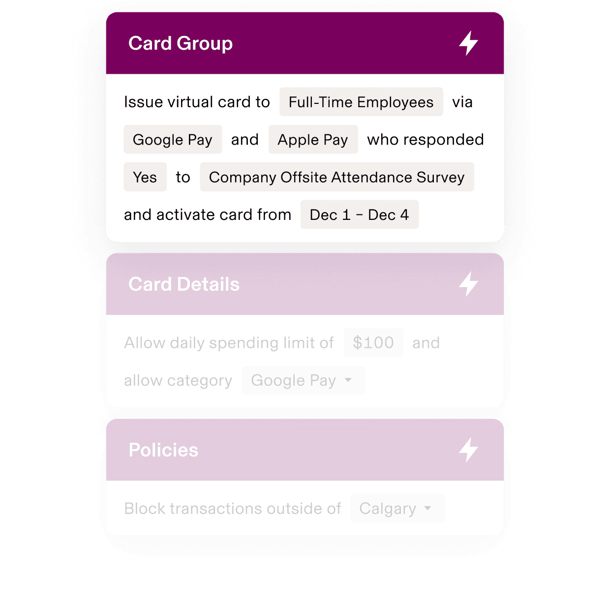 Mobile interface showing virtual card setup for employees with $100 daily limit, Google Pay integration, and Dallas location restriction.